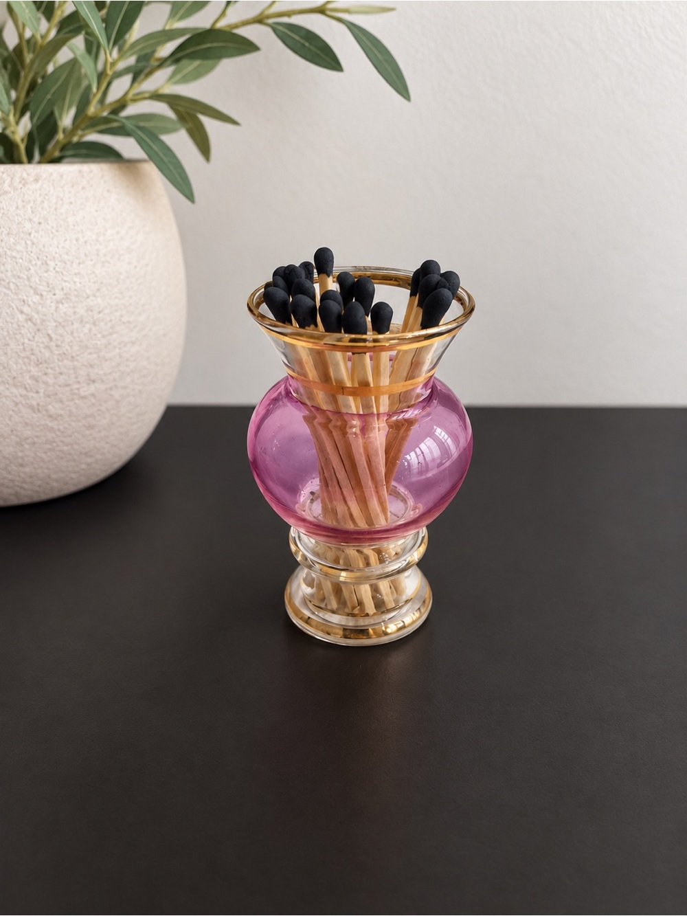 Vintage Pink Glass Mini Bud Vase Match Holder Striker 4" Gold Vanity Decor - Picture 4 of 5